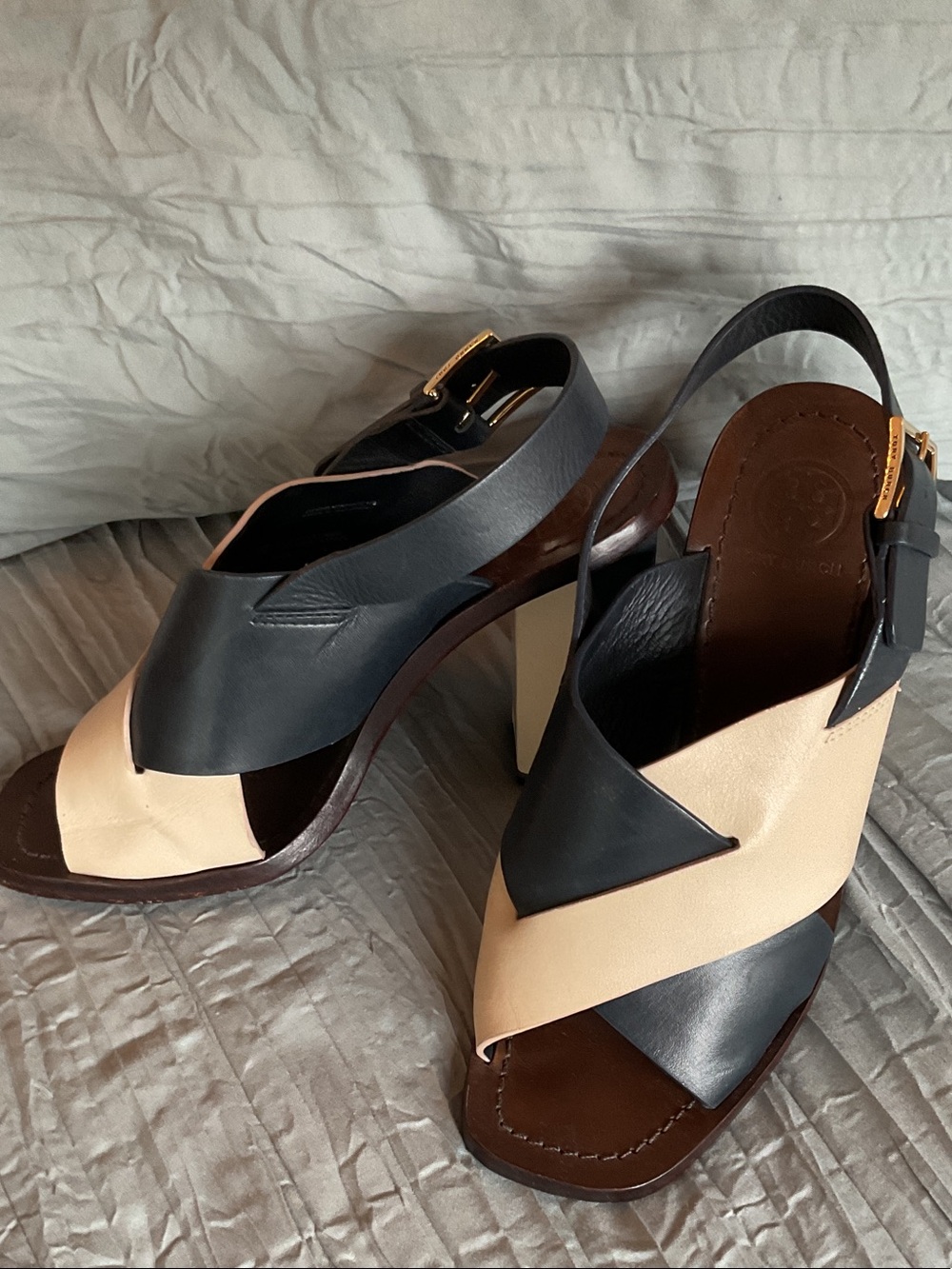 Tory Burch Bleeker Two-Tone Navy and Cream Leather Crisscross Slingback Sandals